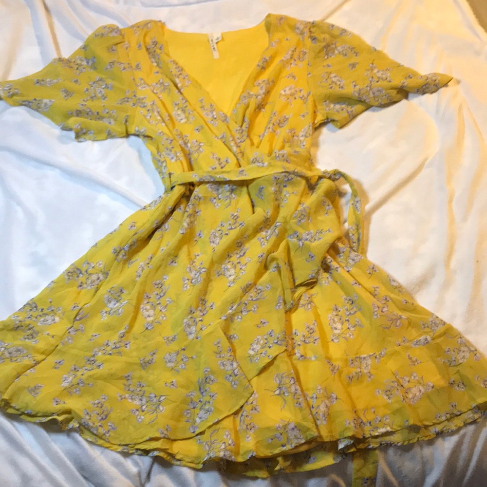 Yellow floral wrap dress